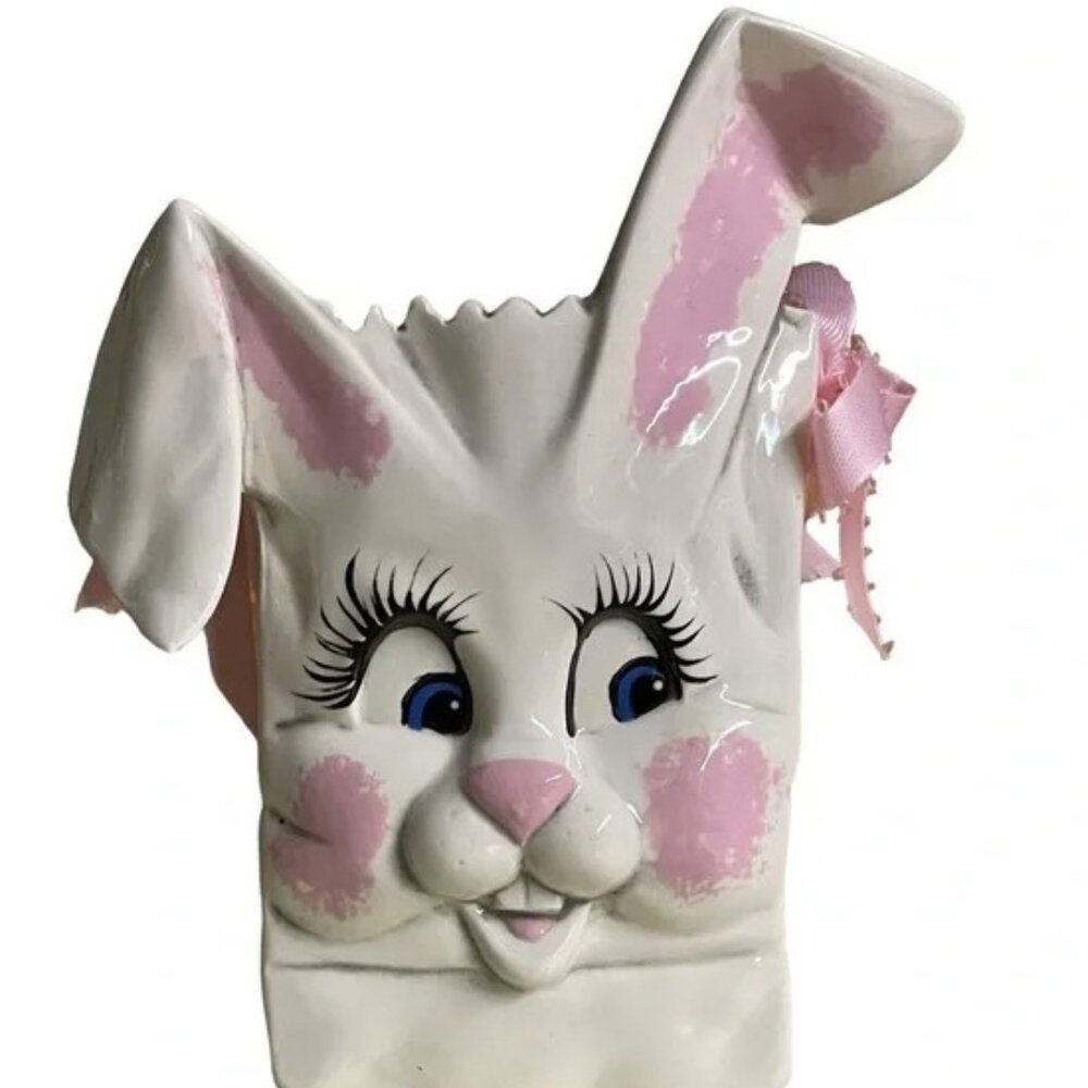 Vtg 1991 Goody Bag handmade ceramic Bunny with 3D face fun vase planter gift EUC